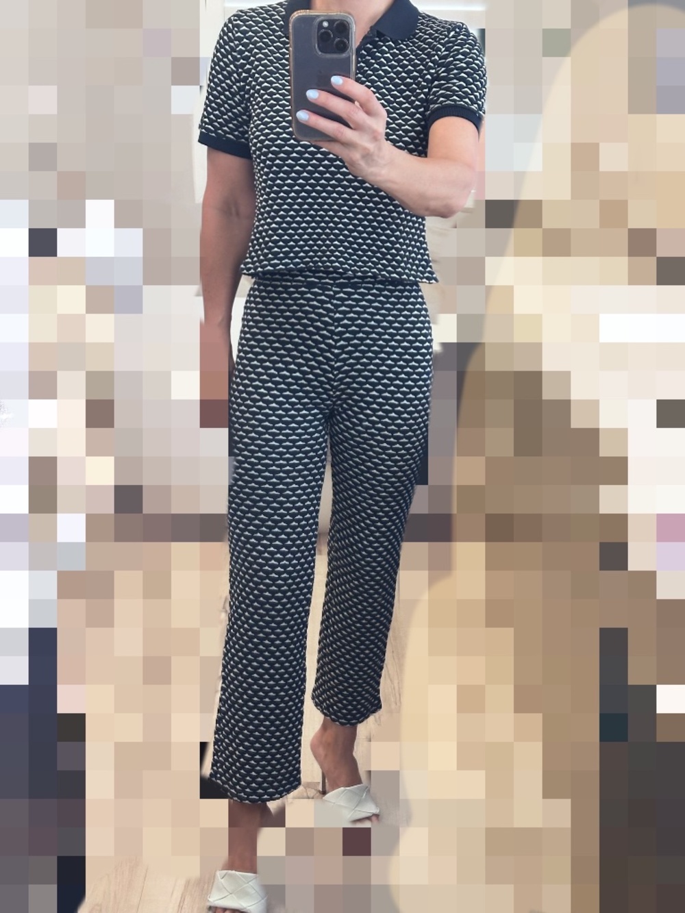 Zara navy/cream  stretch knit polo and matching pants.